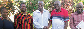 The incoming committee elected at the AGM on 9 February in Kitwe, Zambia: Left to right: Melissa Jaffray (treasurer), Andrew Sikwese (vice president), Enock Shikabeta (outgoing president), Tresford Siame (incoming president) and George Mugala (trustee).